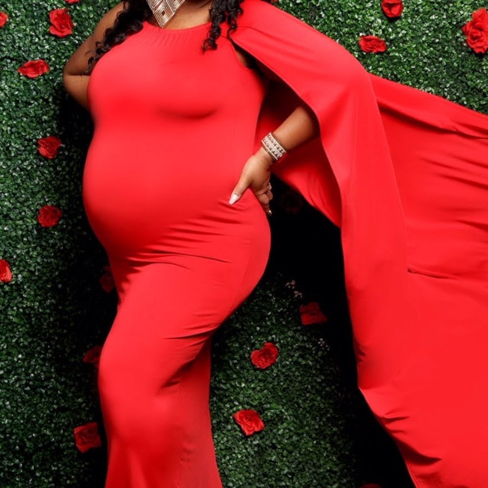 Red cape maxi dress